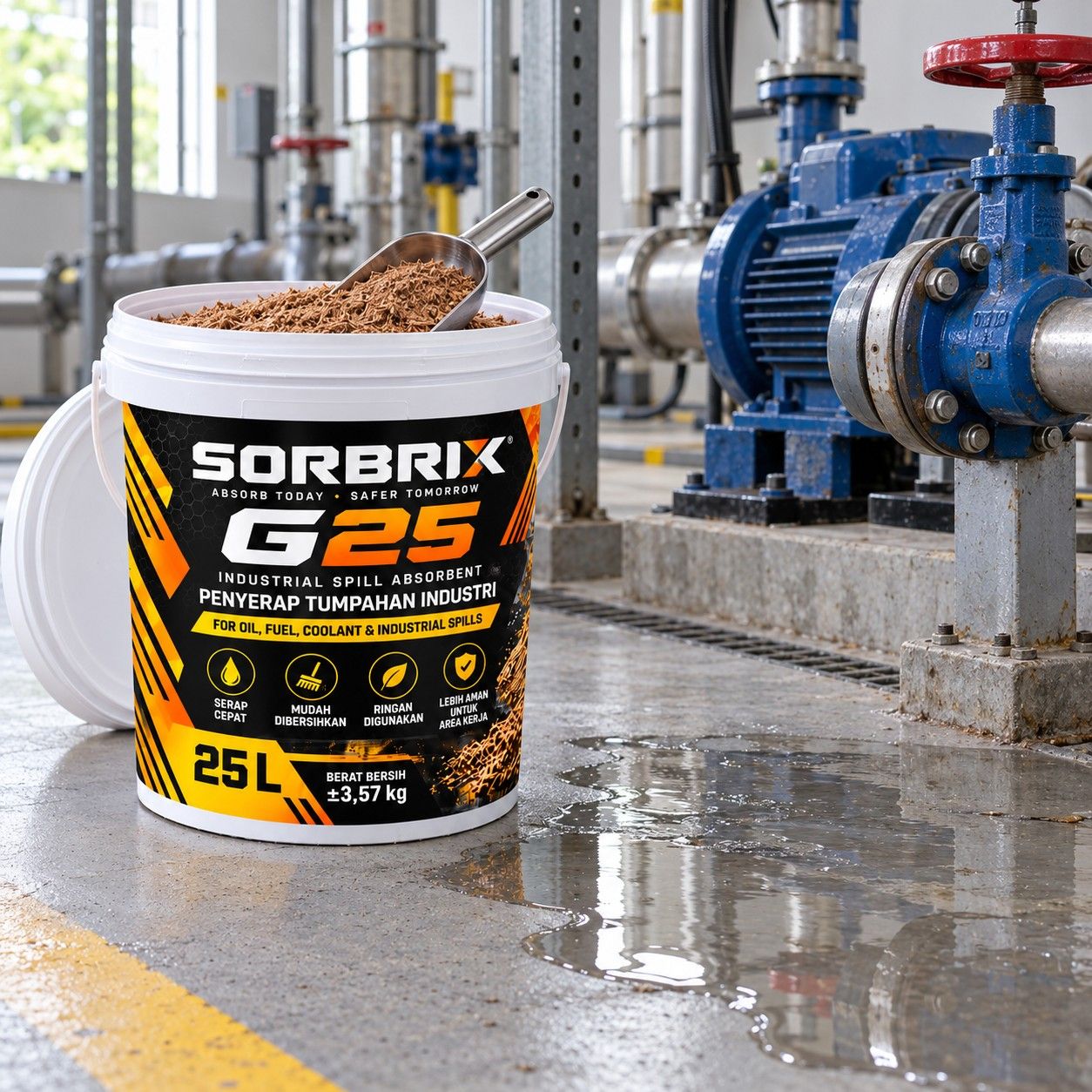 Pail Sorbrix G25 dengan serokan di lantai dekat pompa dan pipa, di samping genangan air.