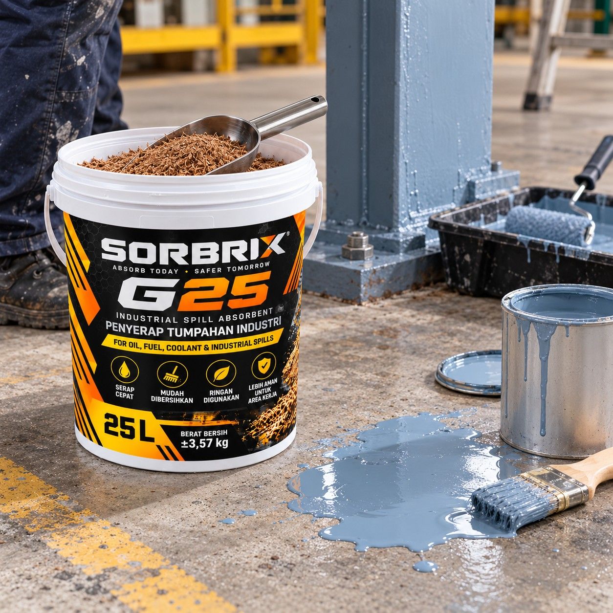 Genangan cat abu-abu kebiruan di lantai pabrik dengan kaleng cat, kuas, dan pail Sorbrix G25 berisi absorben granular.