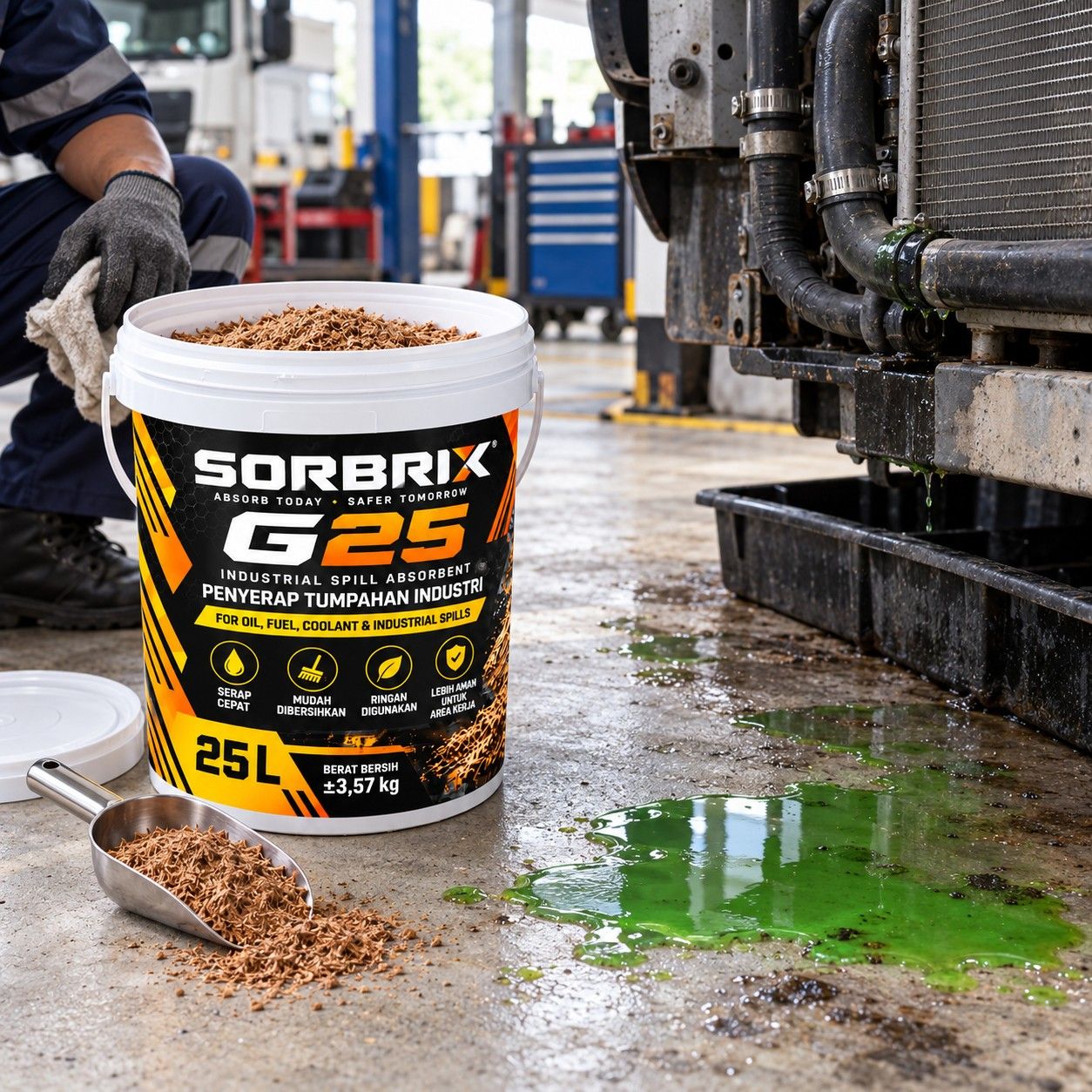 Genangan coolant hijau di lantai dekat radiator, dengan serokan berisi granul dan pail Sorbrix G25.