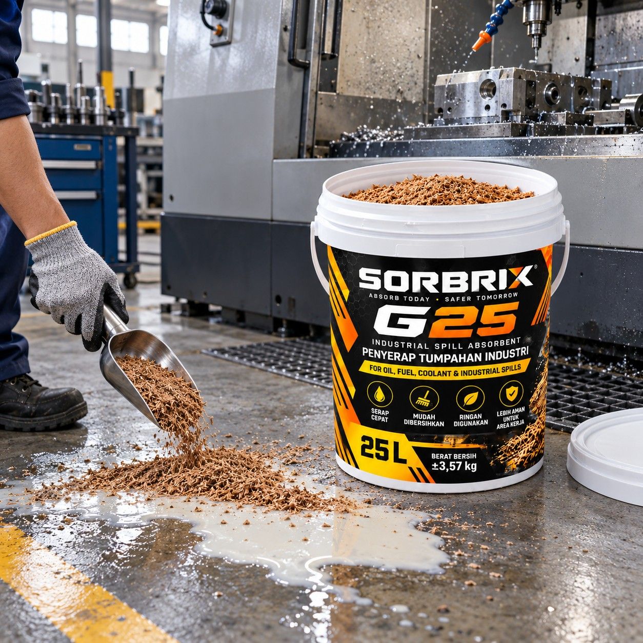 Tangan bersarung menaburkan absorben granular ke tumpahan cutting fluid putih di depan mesin CNC, pail Sorbrix G25 di belakangnya.