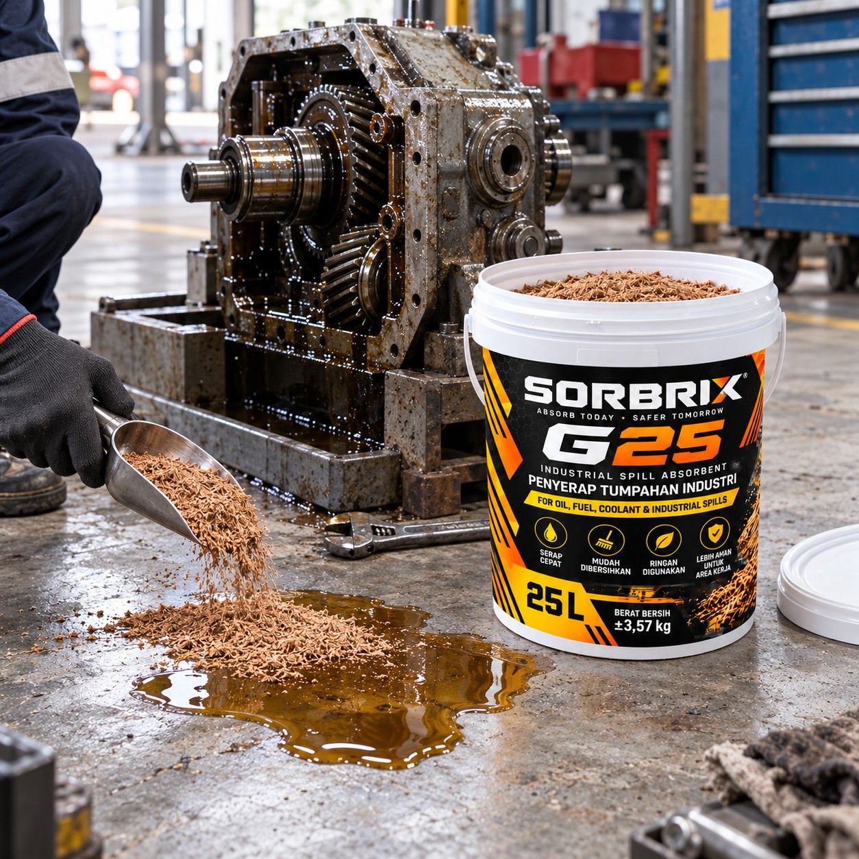 Teknisi menaburkan absorben granular ke genangan gear oil di bawah gearbox, pail Sorbrix G25 di sebelahnya.