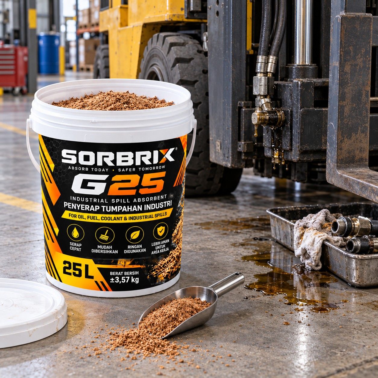 Pail Sorbrix G25 di lantai dekat forklift, di samping tumpahan oli hidrolik dan serokan berisi granul.