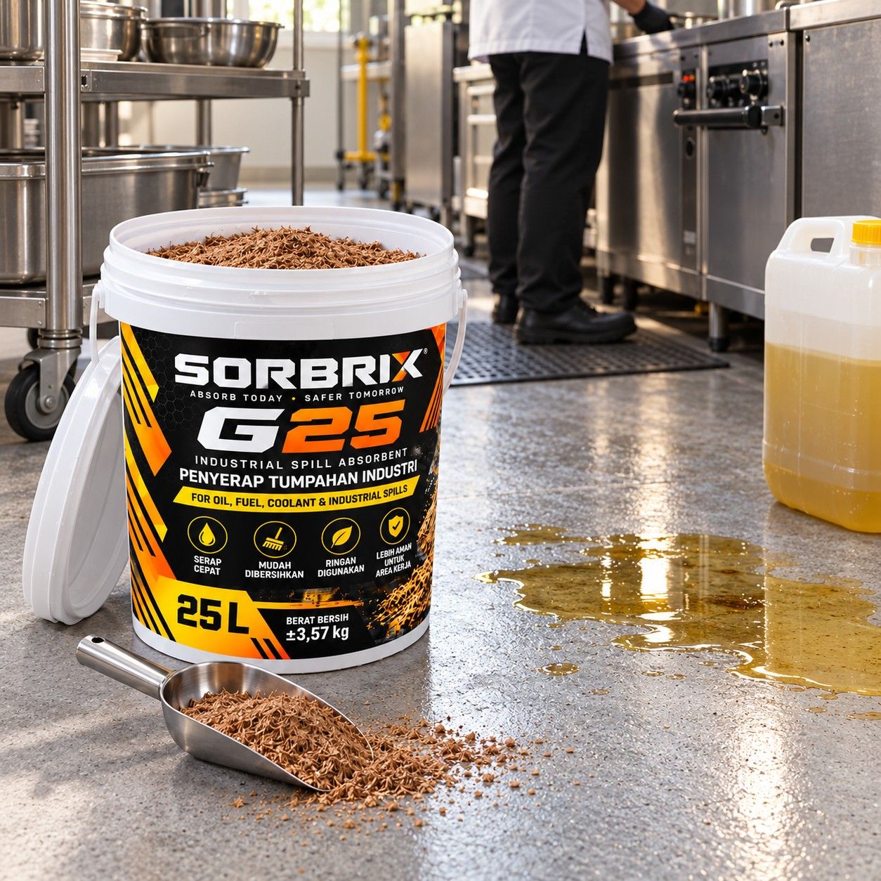 Pail Sorbrix G25 di lantai dapur produksi, di dekat genangan minyak goreng dan jeriken minyak.