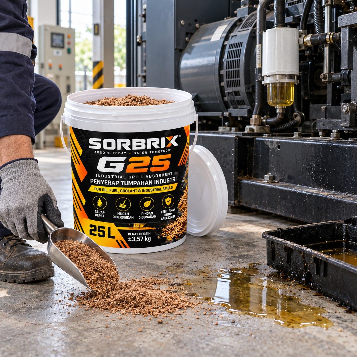 Tangan bersarung menaburkan absorben granular dari serokan ke tumpahan solar di dekat genset, pail Sorbrix G25 di belakangnya.