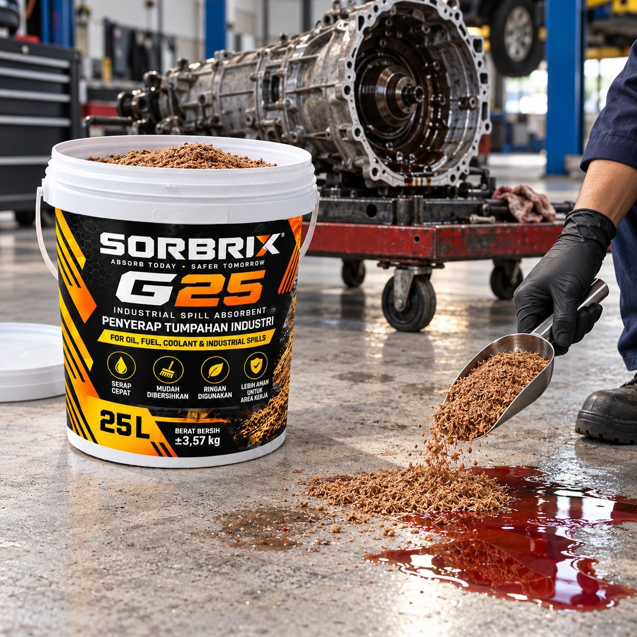 Teknisi menaburkan absorben granular ke tumpahan transmission fluid berwarna merah di dekat transmisi yang sedang diservis.