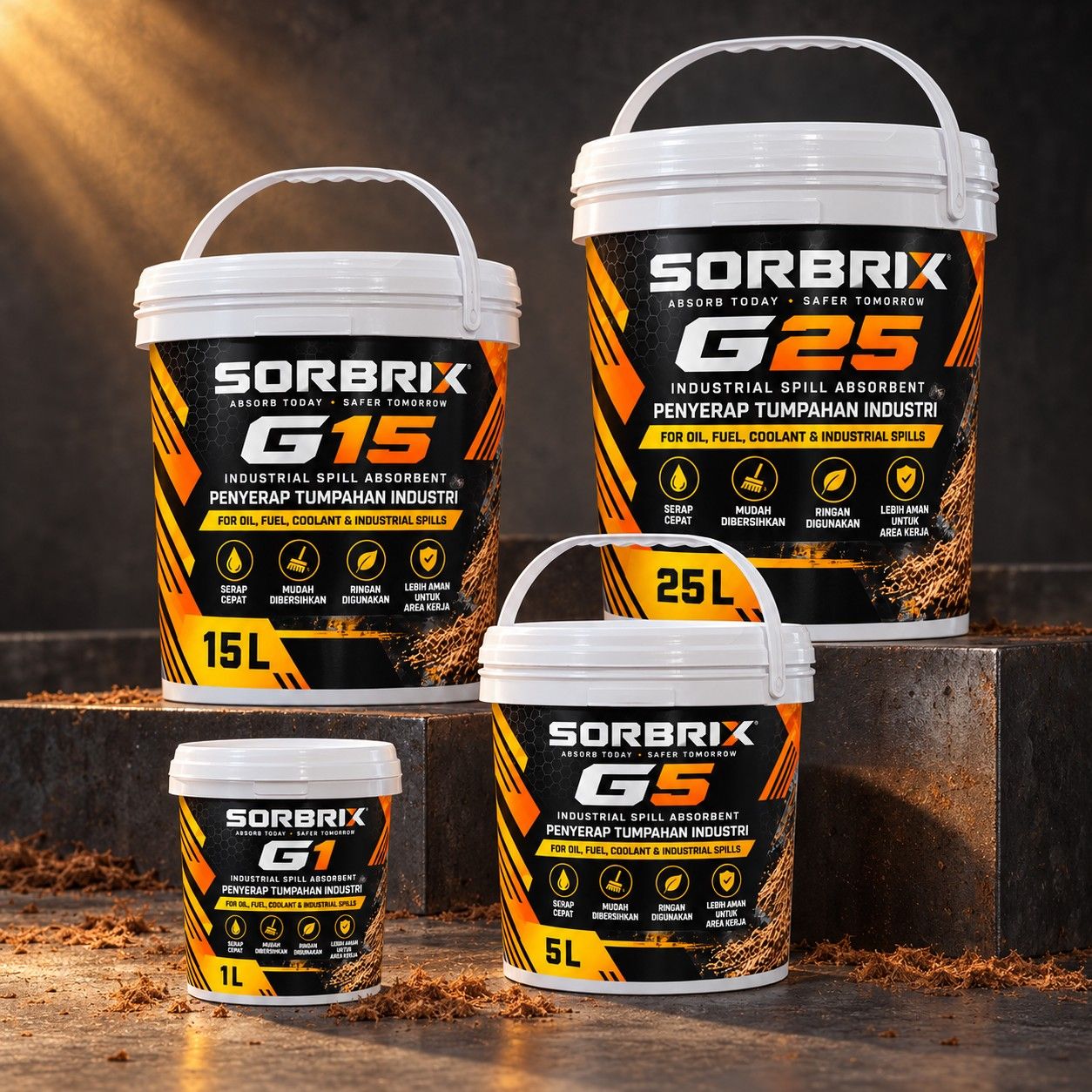 Keluarga pail Sorbrix G1, G5, G15, dan G25 di atas undakan beton dengan cahaya hangat.