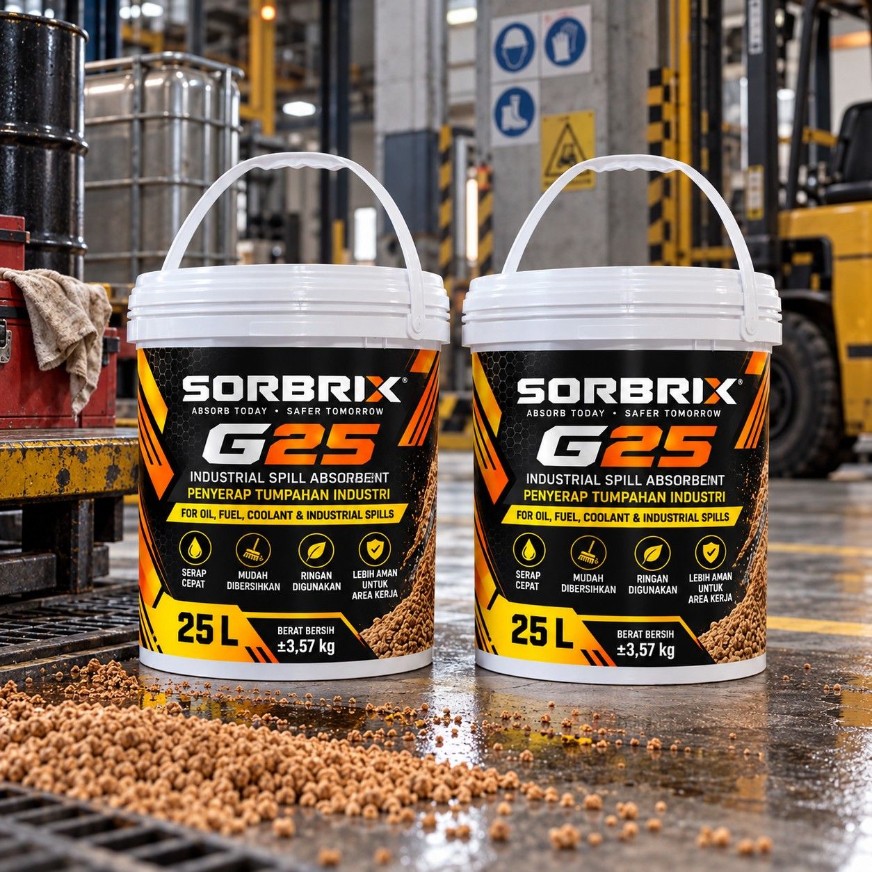 Dua pail Sorbrix G25 di lantai gudang dengan forklift di belakang.