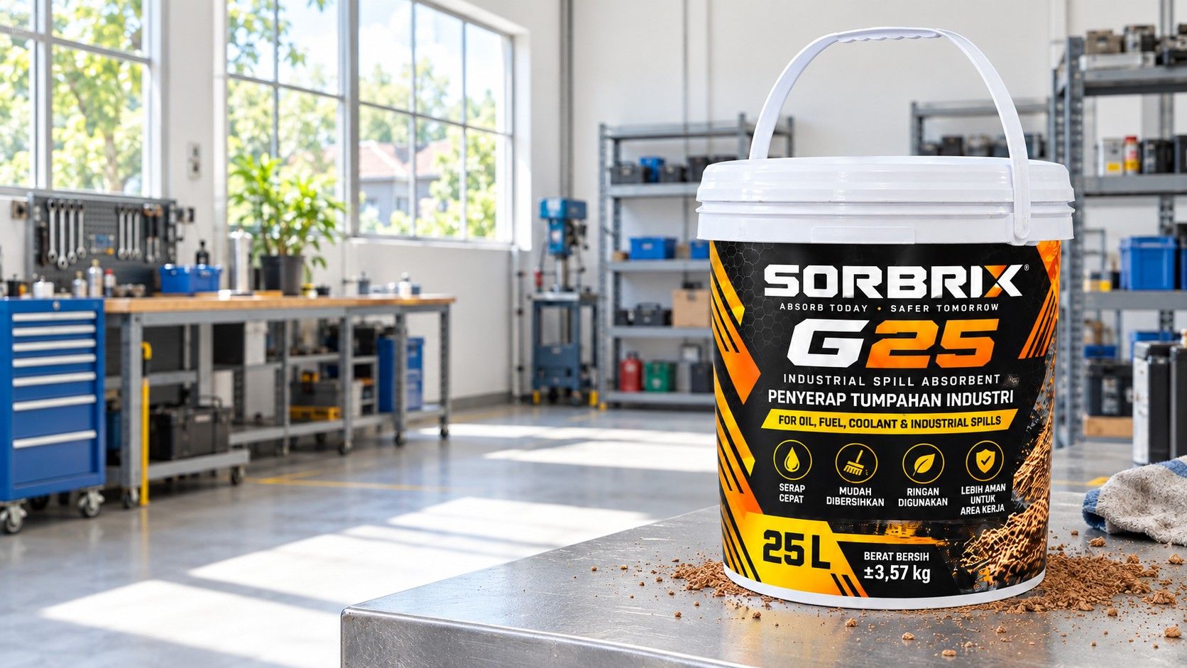 Pail Sorbrix G25 di bengkel yang terang.