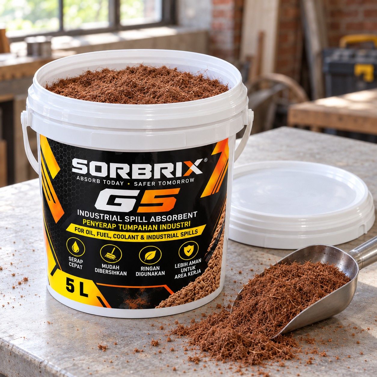 Pail G5 terbuka di meja kerja dengan absorben granular yang ditaburkan.