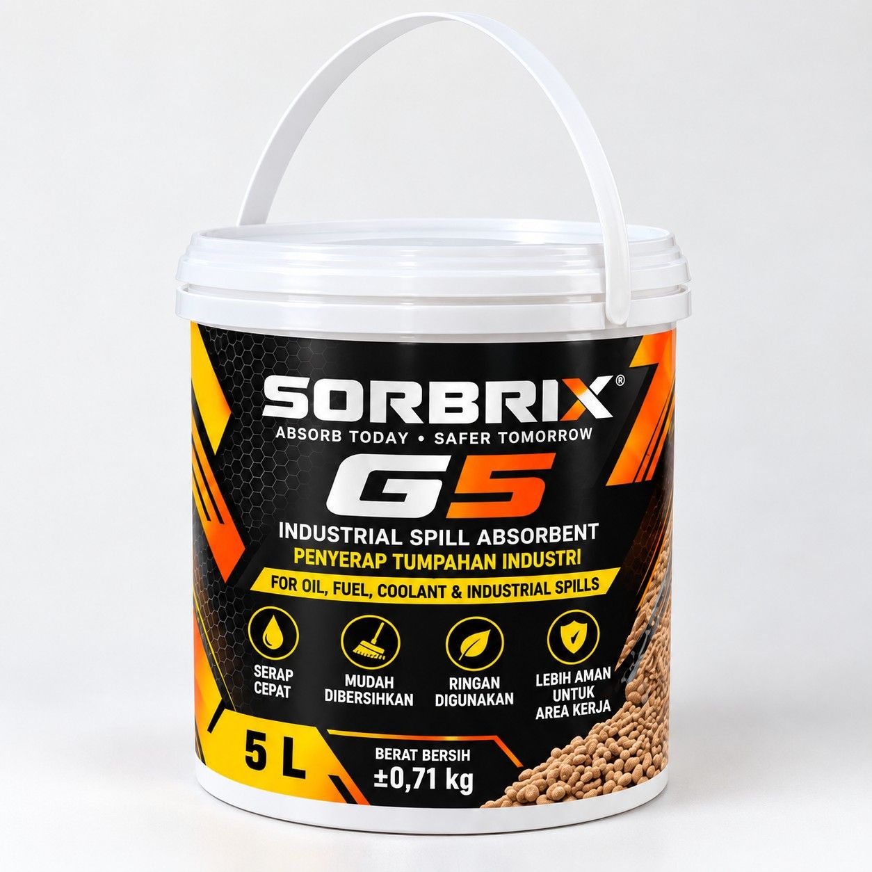 Pail Sorbrix G5 isi 5 L dengan latar studio terang.