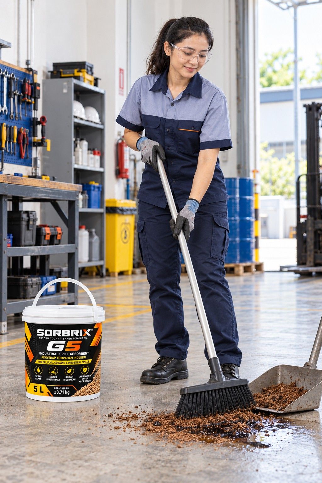 Teknisi menyapu absorben granular di samping pail G5.
