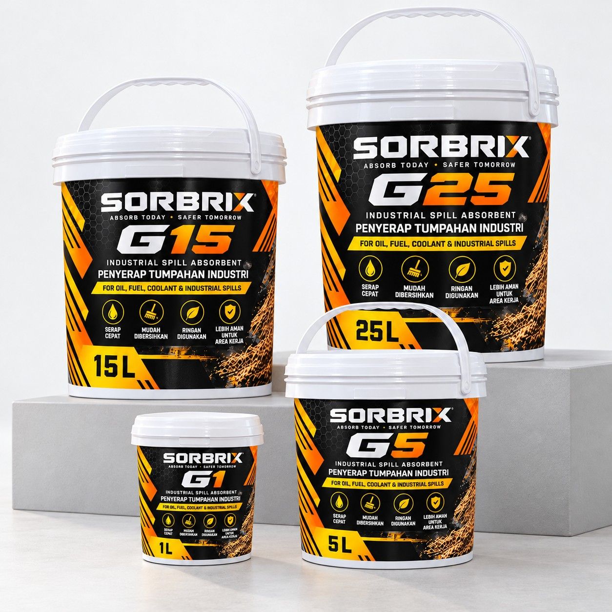 Empat pail Sorbrix berjajar: G15 dan G25 di belakang, G1 dan G5 di depan.