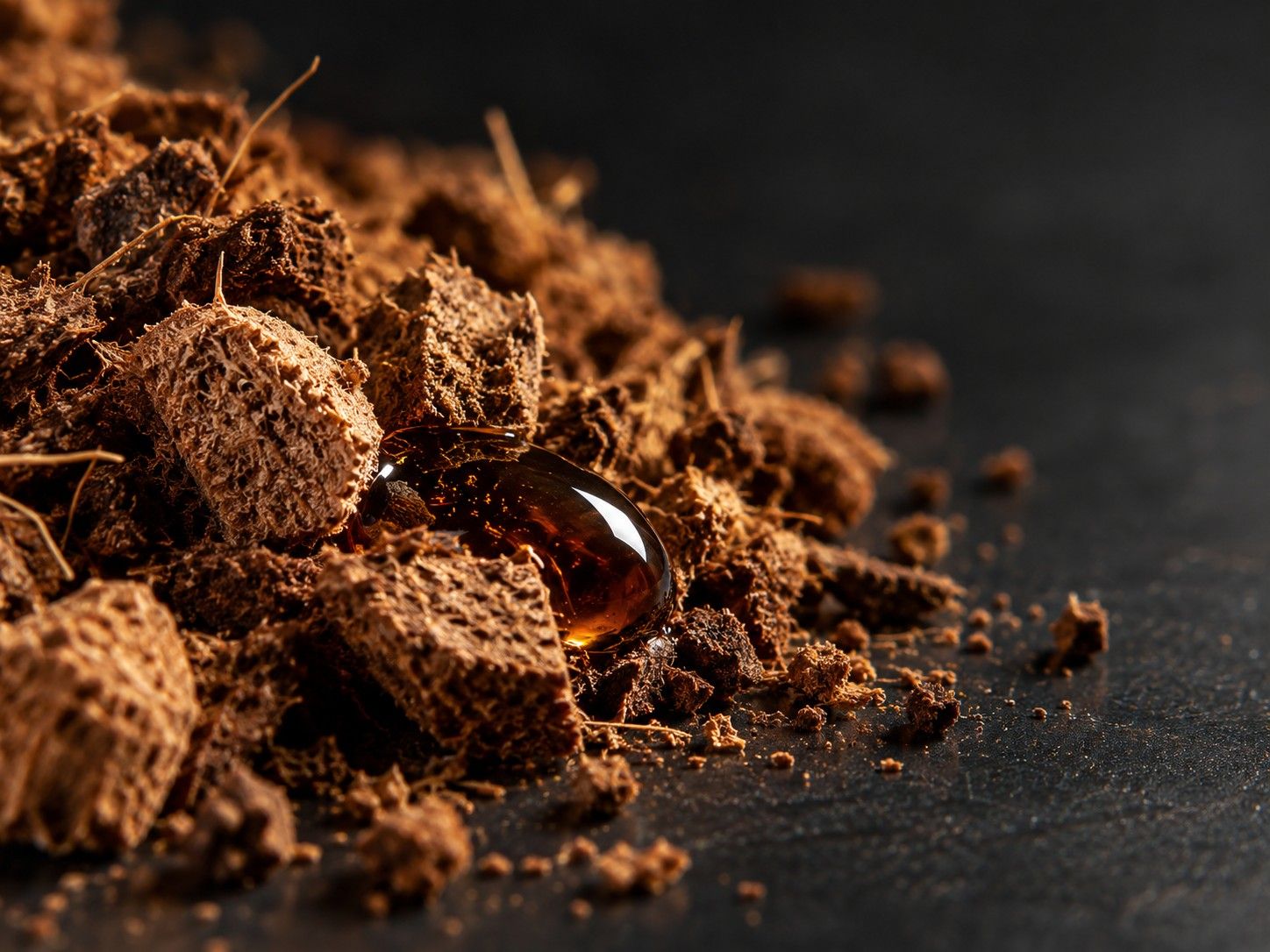 Foto dekat absorben granular dengan tetesan oli berwarna amber.