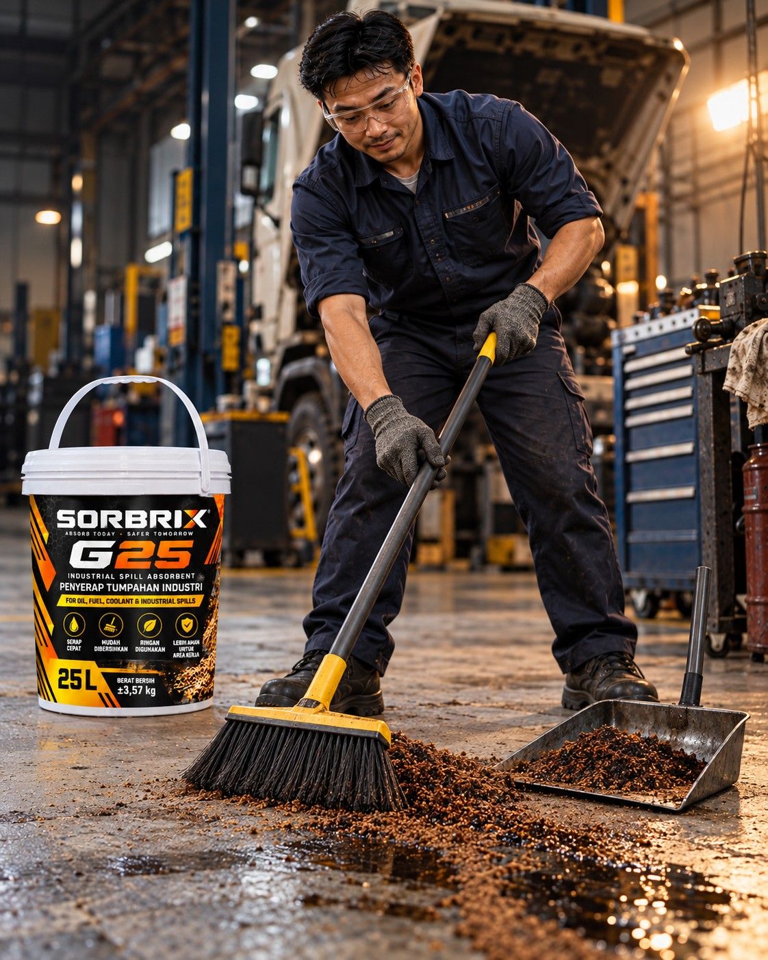 Teknisi menyapu granul berminyak ke serokan di samping pail Sorbrix.