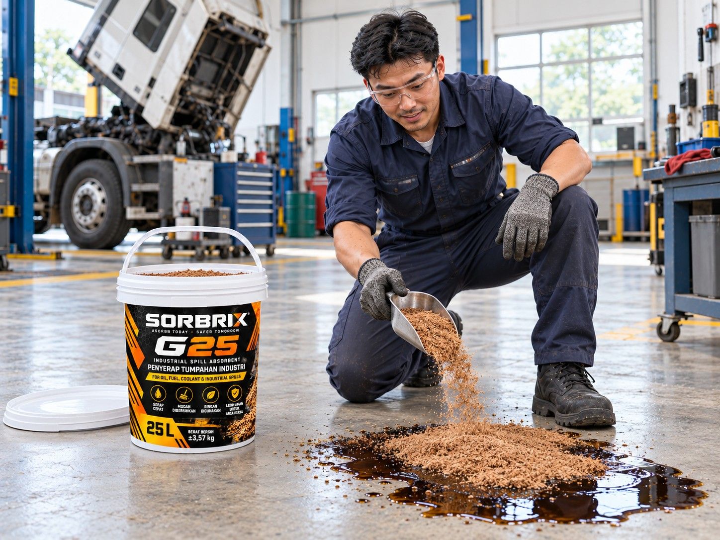 Teknisi menaburkan absorben granular Sorbrix di atas tumpahan oli, pail G25 di sampingnya.